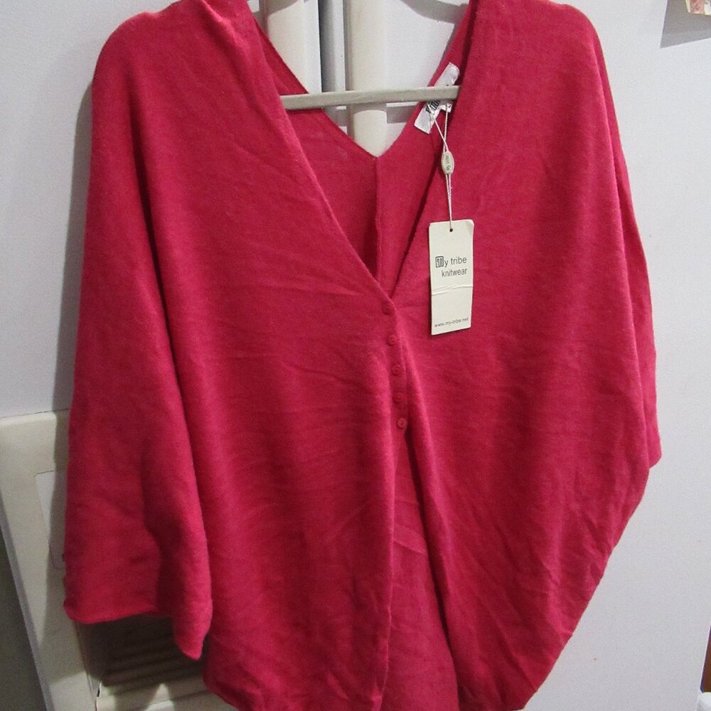 MY TRIBE rare cherry batwing pullover knit  SILK WOOL ALPACA vneck nwt new L